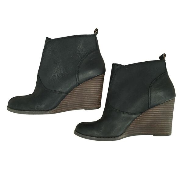 Lucky Brand Black Leather Wedge Ankle Boots Size 7.5 - Picture 1 of 11